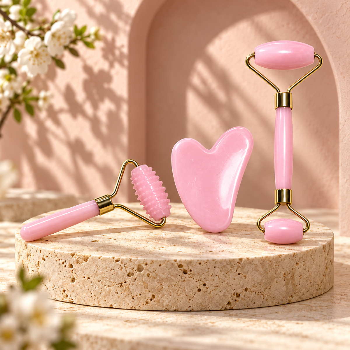 rodillo rosa de Celarun con fondo decorativo crema y rosa