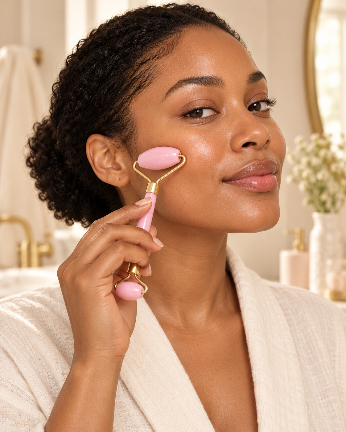 Modelo utilizando rodillo rosa de Celarun — imagen de uso creada con IA