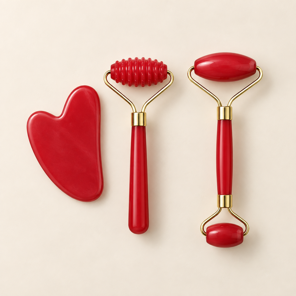 Set de rodillos faciales y gua sha rojo sobre fondo crema